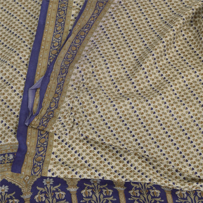 Sanskriti Vintage Sarees Ivory 100% Pure Silk Printed Sari 5yd Craft Fabric