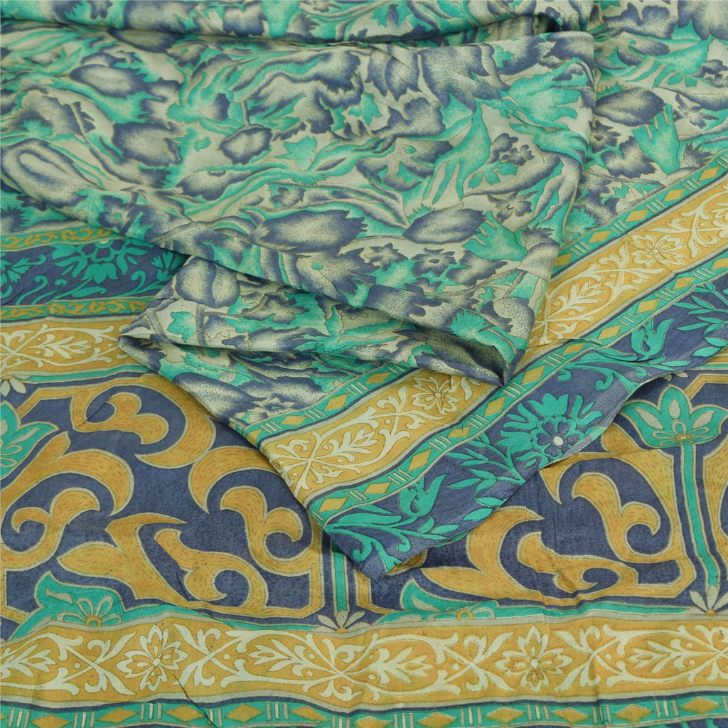 Sanskriti Vintage Sarees Green Indian Pure Silk Printed Sari 5yd Craft Fabric