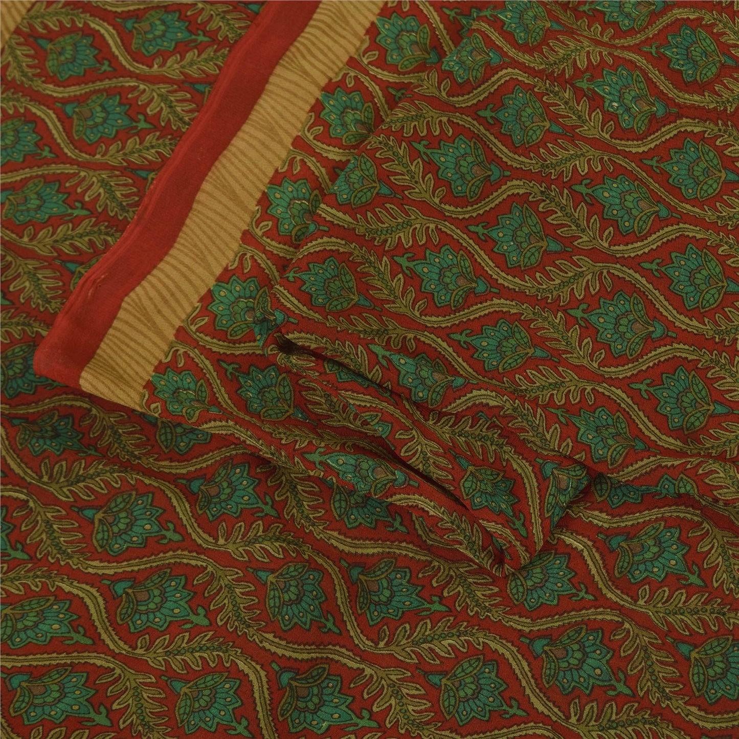 Sanskriti Vintage Sarees Red/Green 100% Pure Silk Printed Sari 5yd Craft Fabric