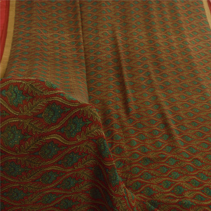 Sanskriti Vintage Sarees Red/Green 100% Pure Silk Printed Sari 5yd Craft Fabric