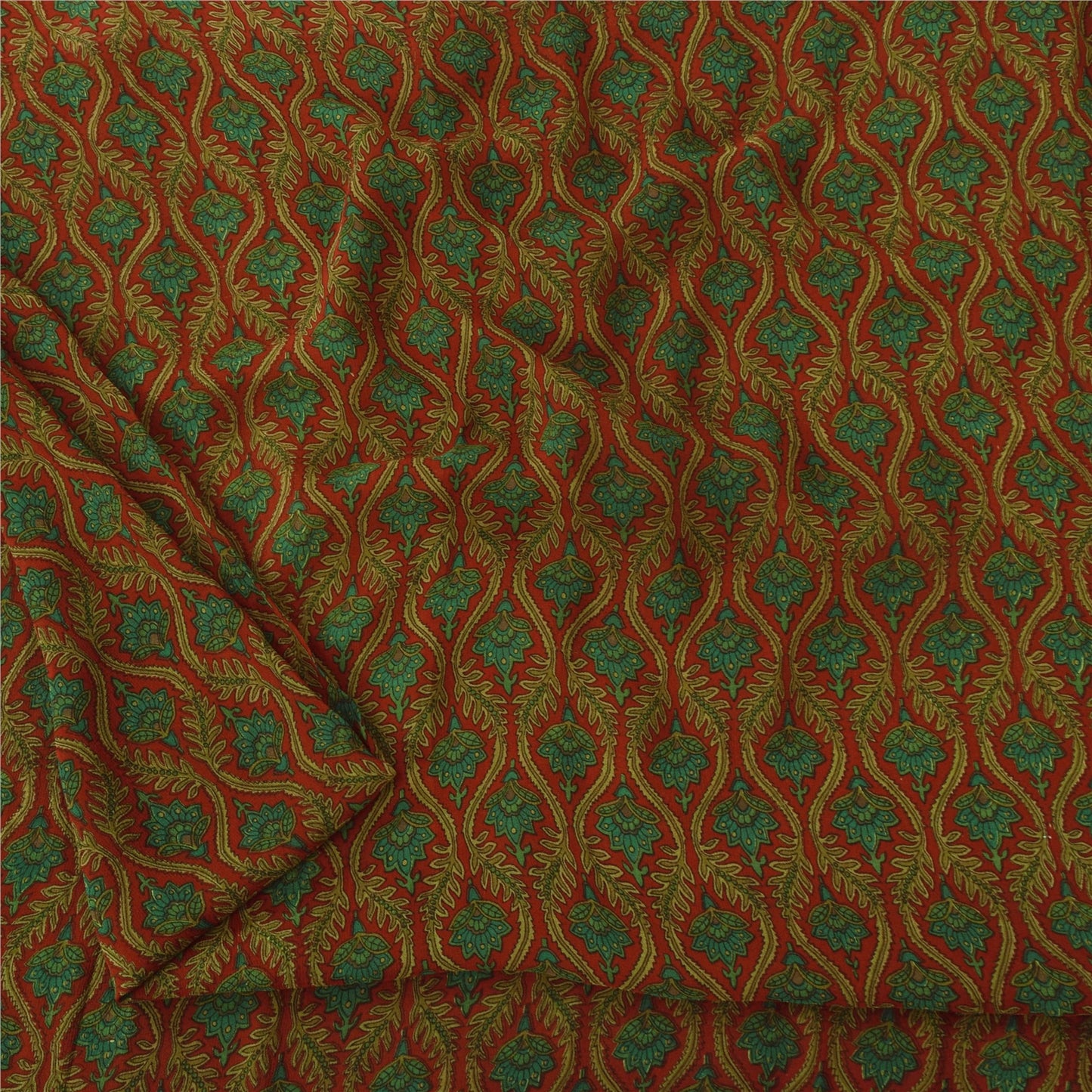 Sanskriti Vintage Sarees Red/Green 100% Pure Silk Printed Sari 5yd Craft Fabric