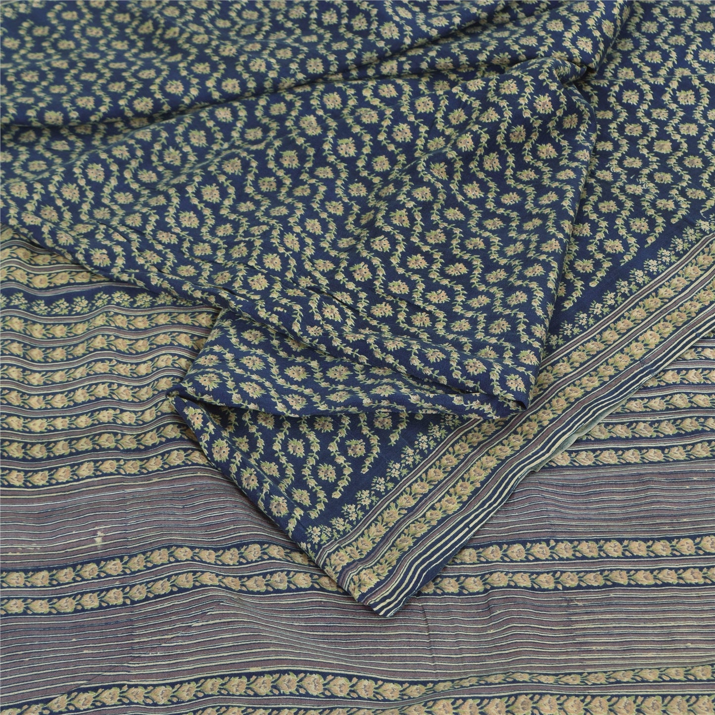 Sanskriti Vintage Sarees Indian Blue 100%Pure Silk Printed Sari 5yd Craft Fabric