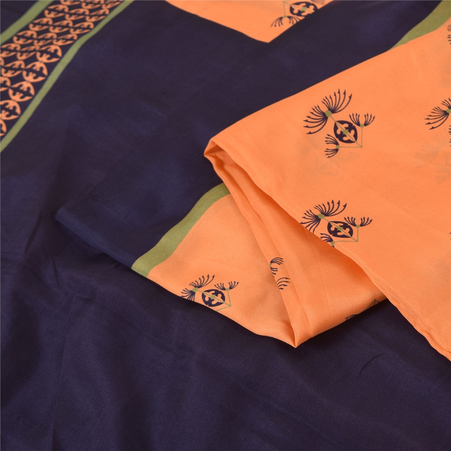 Sanskriti Vintage Sarees Orange/Blue 100%Pure Silk Printed Sari 5yd Craft Fabric