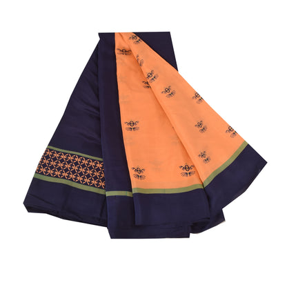 Sanskriti Vintage Sarees Orange/Blue 100%Pure Silk Printed Sari 5yd Craft Fabric