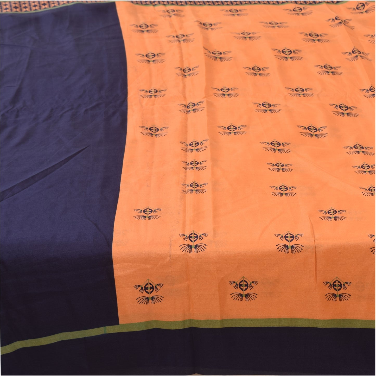 Sanskriti Vintage Sarees Orange/Blue 100%Pure Silk Printed Sari 5yd Craft Fabric