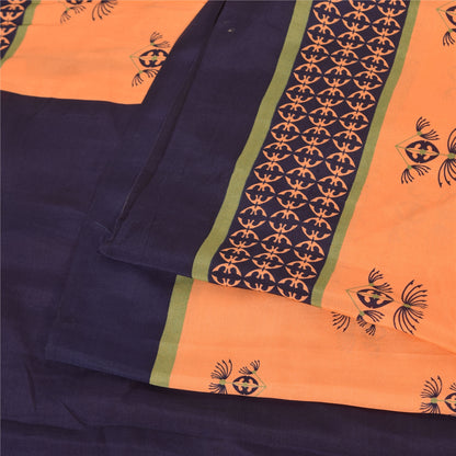 Sanskriti Vintage Sarees Orange/Blue 100%Pure Silk Printed Sari 5yd Craft Fabric