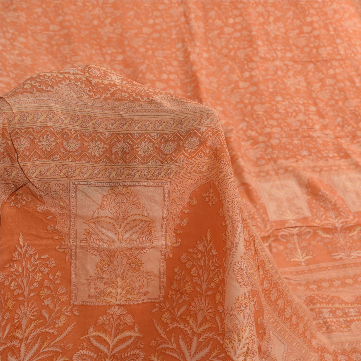 Sanskriti Vintage Sarees Indian Orange Pure Silk Printed Sari 5yd Craft Fabric