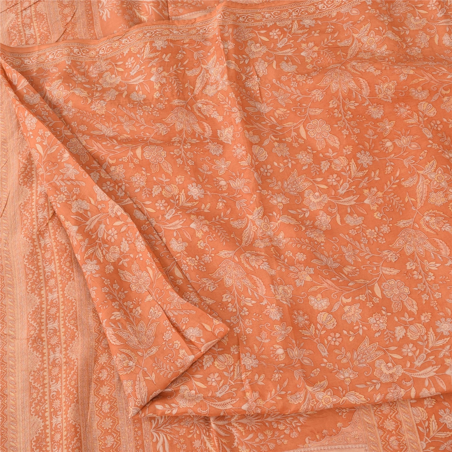 Sanskriti Vintage Sarees Indian Orange Pure Silk Printed Sari 5yd Craft Fabric