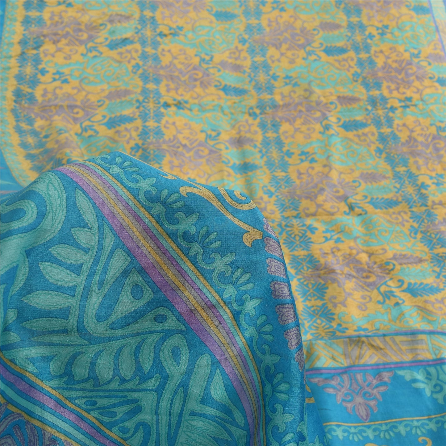 Sanskriti Vintage Sarees Blue & Yellow Pure Silk Printed Sari 5yd Craft Fabric