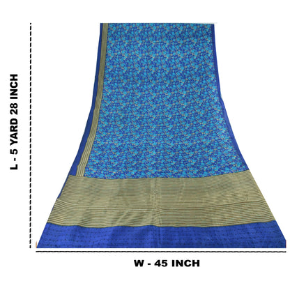 Sanskriti Vintage Sarees Indian Blue 100%Pure Silk Printed Sari 5yd Craft Fabric