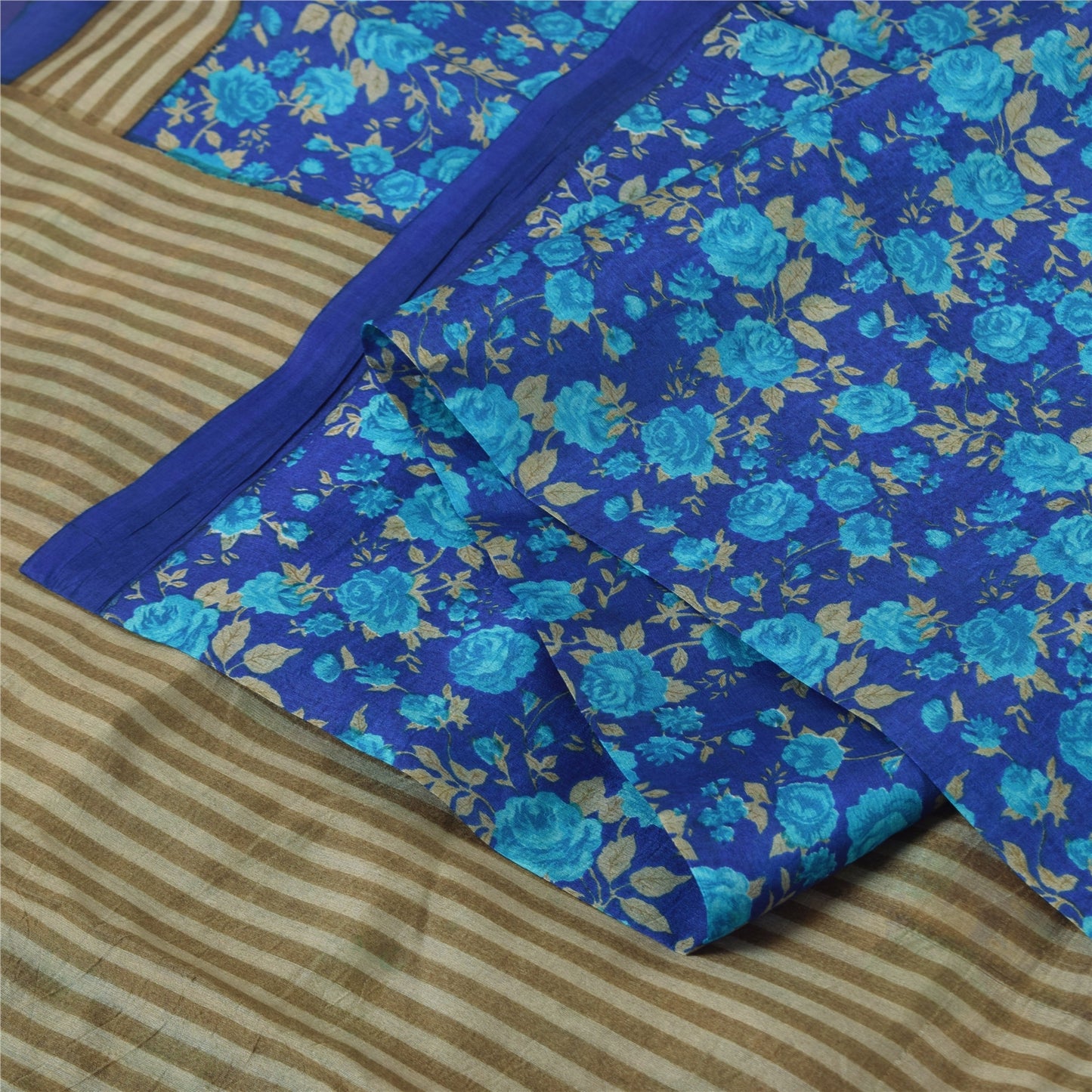 Sanskriti Vintage Sarees Indian Blue 100%Pure Silk Printed Sari 5yd Craft Fabric