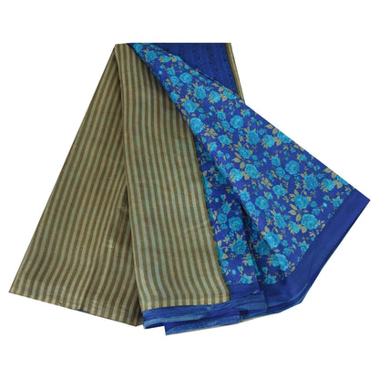 Sanskriti Vintage Sarees Indian Blue 100%Pure Silk Printed Sari 5yd Craft Fabric