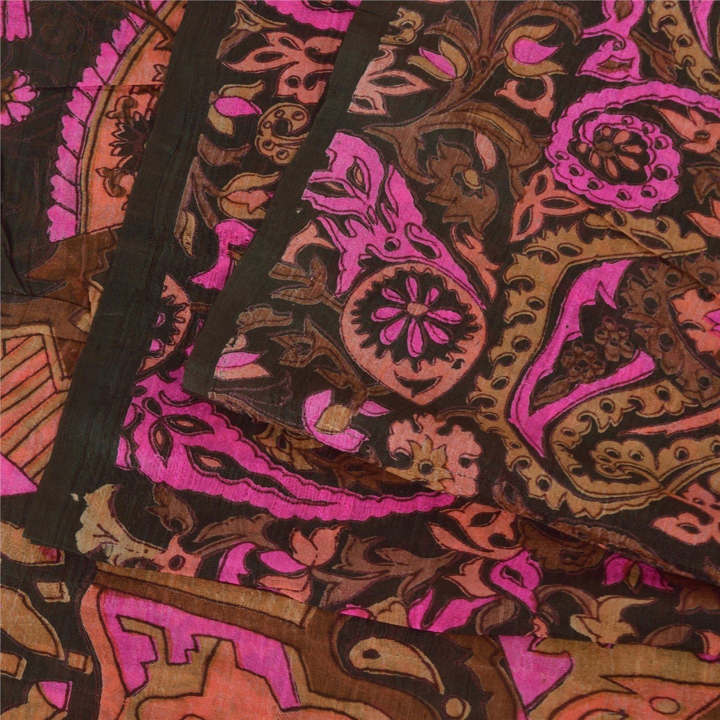 Sanskriti Vintage Sarees Brown/Pink Pure Silk Printed Sari 5yd Craft Fabric