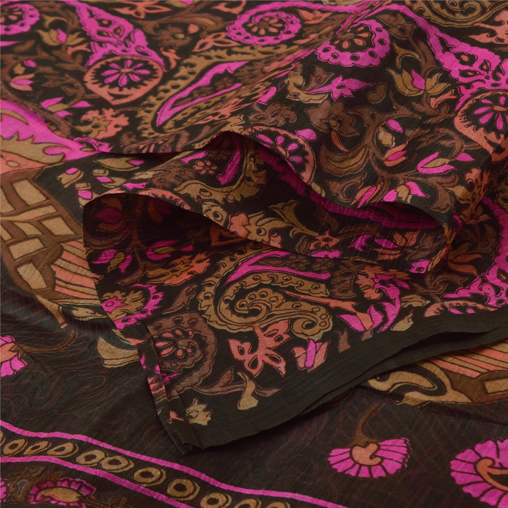 Sanskriti Vintage Sarees Brown/Pink Pure Silk Printed Sari 5yd Craft Fabric