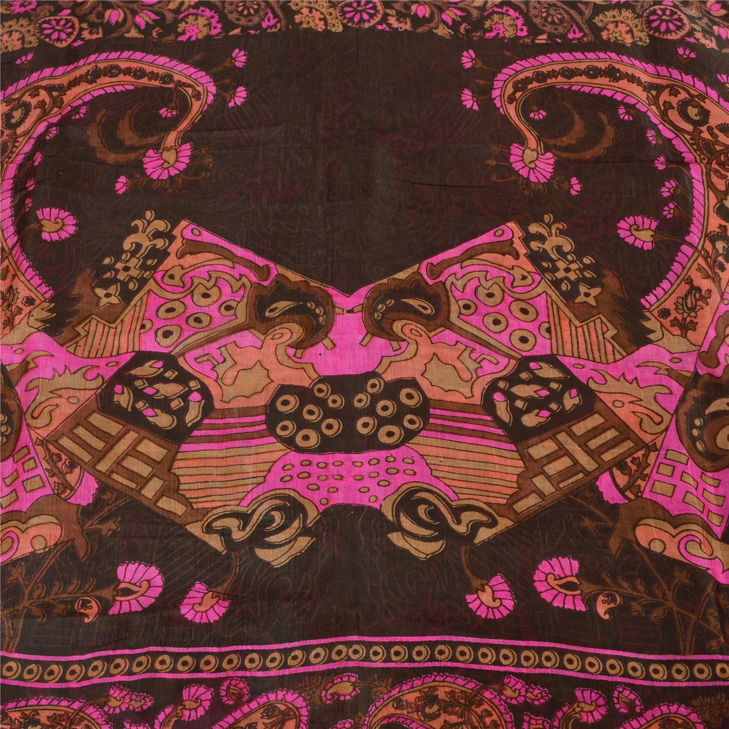 Sanskriti Vintage Sarees Brown/Pink Pure Silk Printed Sari 5yd Craft Fabric