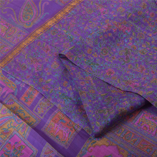 Sanskriti Vintage Sarees Purple Zari Border Pure Silk Printed Sari 6yd Fabric