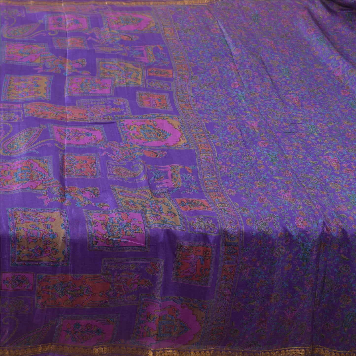 Sanskriti Vintage Sarees Purple Zari Border Pure Silk Printed Sari 6yd Fabric