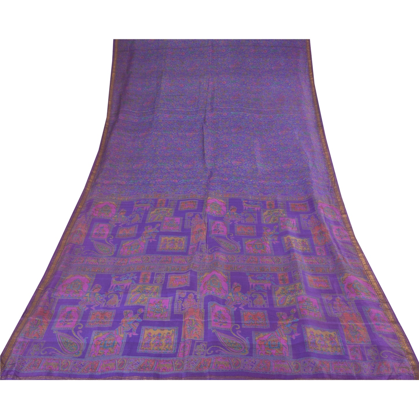 Sanskriti Vintage Sarees Purple Zari Border Pure Silk Printed Sari 6yd Fabric