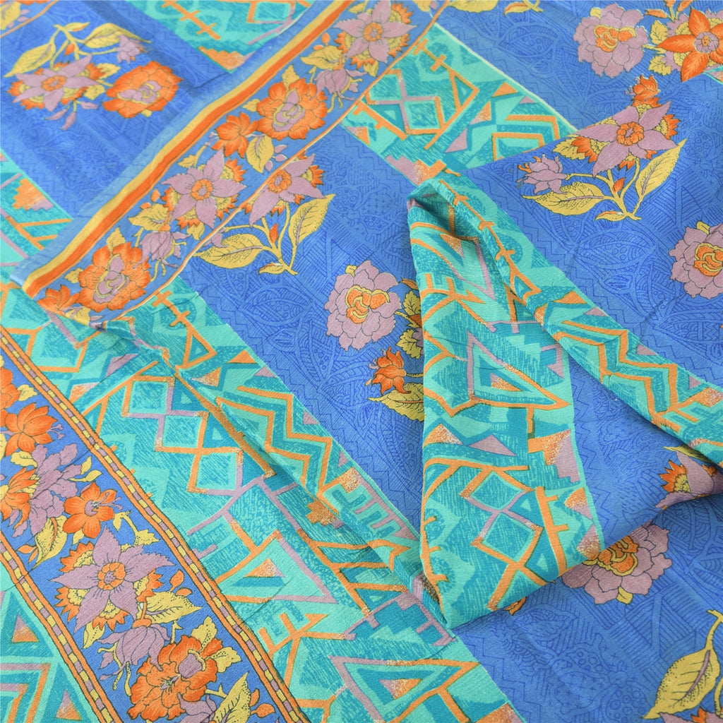 Sanskriti Vintage Sarees Blue/Sea-Green Pure Silk Printed Sari 5yd Craft Fabric