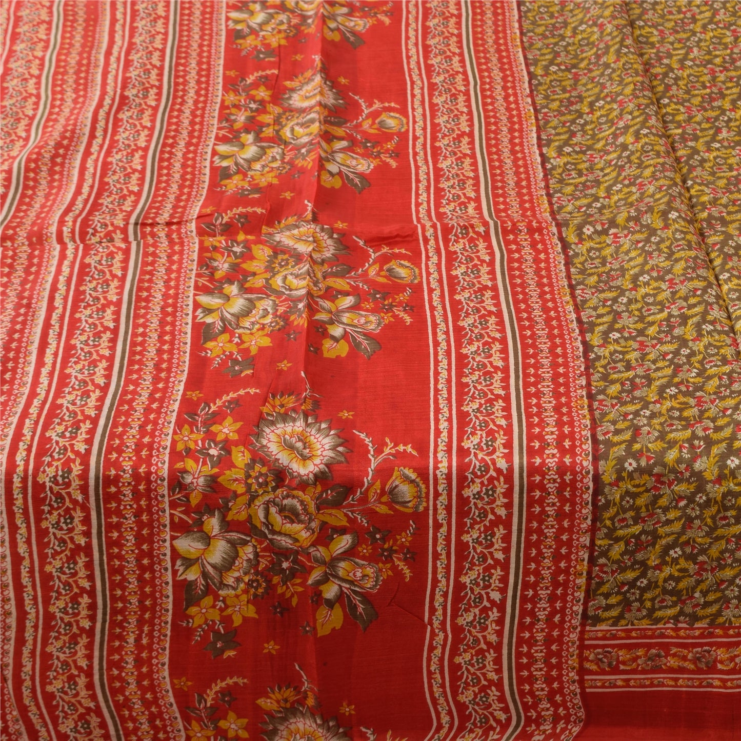 Sanskriti Vintage Sarees Heena-Green/Red Pure Silk Printed Sari 6yd Craft Fabric