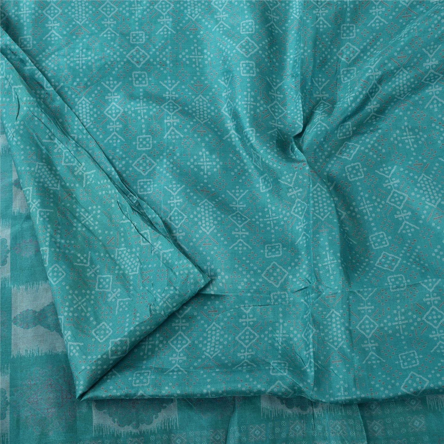 Sanskriti Vintage Sarees Green Zari Border Pure Silk Print Sari 6yd Craft Fabric