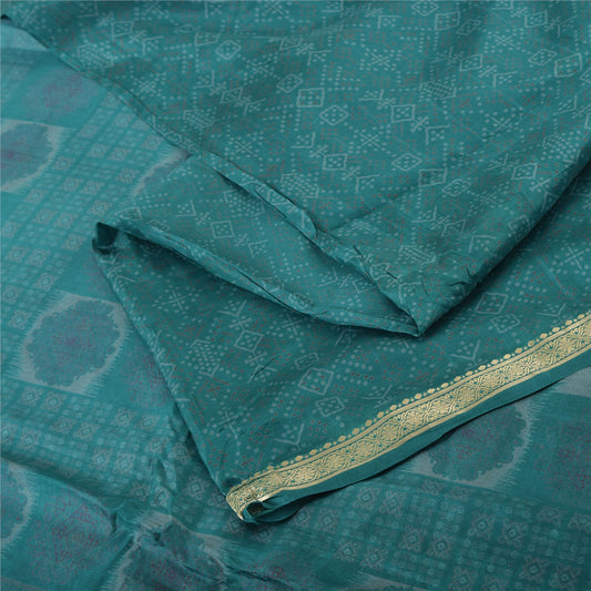 Sanskriti Vintage Sarees Green Zari Border Pure Silk Print Sari 6yd Craft Fabric