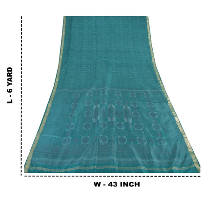 Sanskriti Vintage Sarees Green Zari Border Pure Silk Print Sari 6yd Craft Fabric