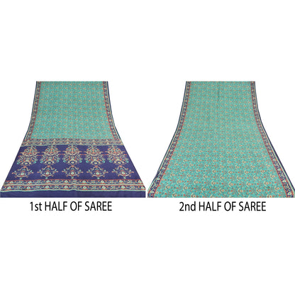 Sanskriti Vintage Sarees Sea-Green/Blue Pure Silk Printed Sari 5yd Craft Fabric