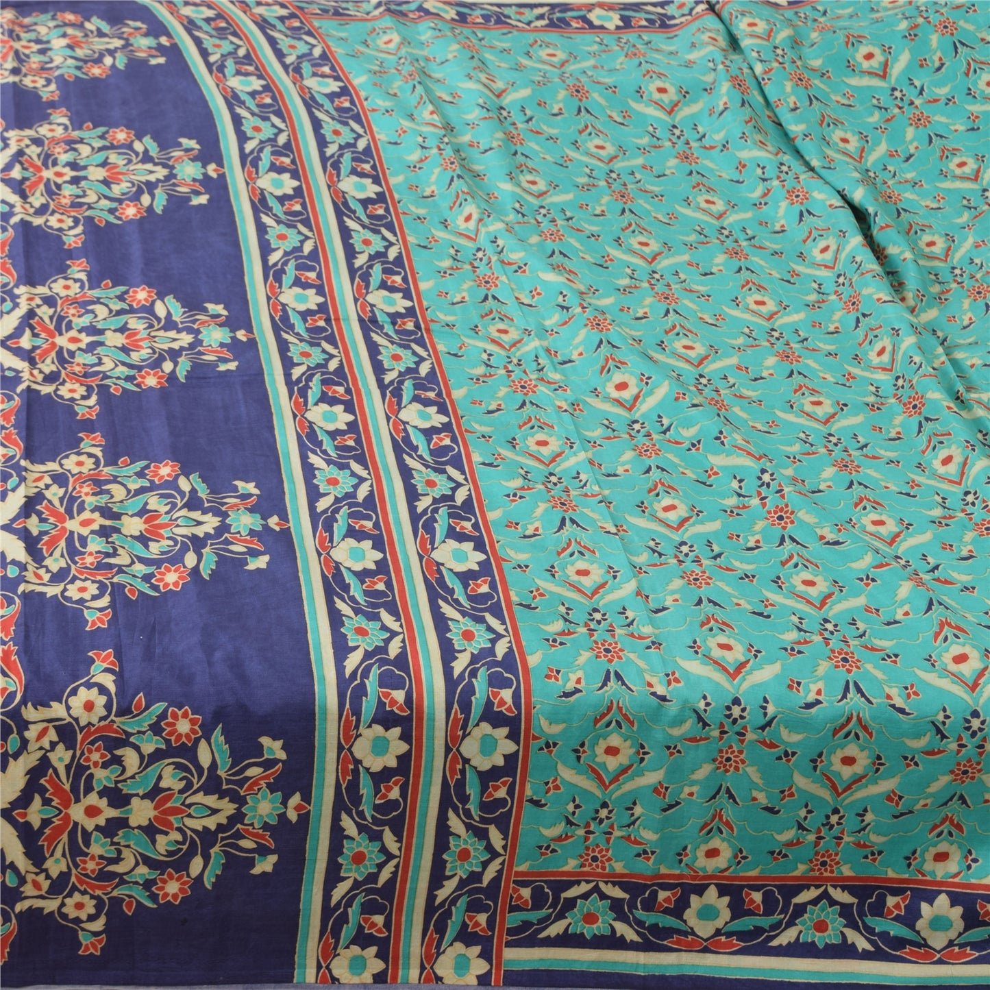 Sanskriti Vintage Sarees Sea-Green/Blue Pure Silk Printed Sari 5yd Craft Fabric