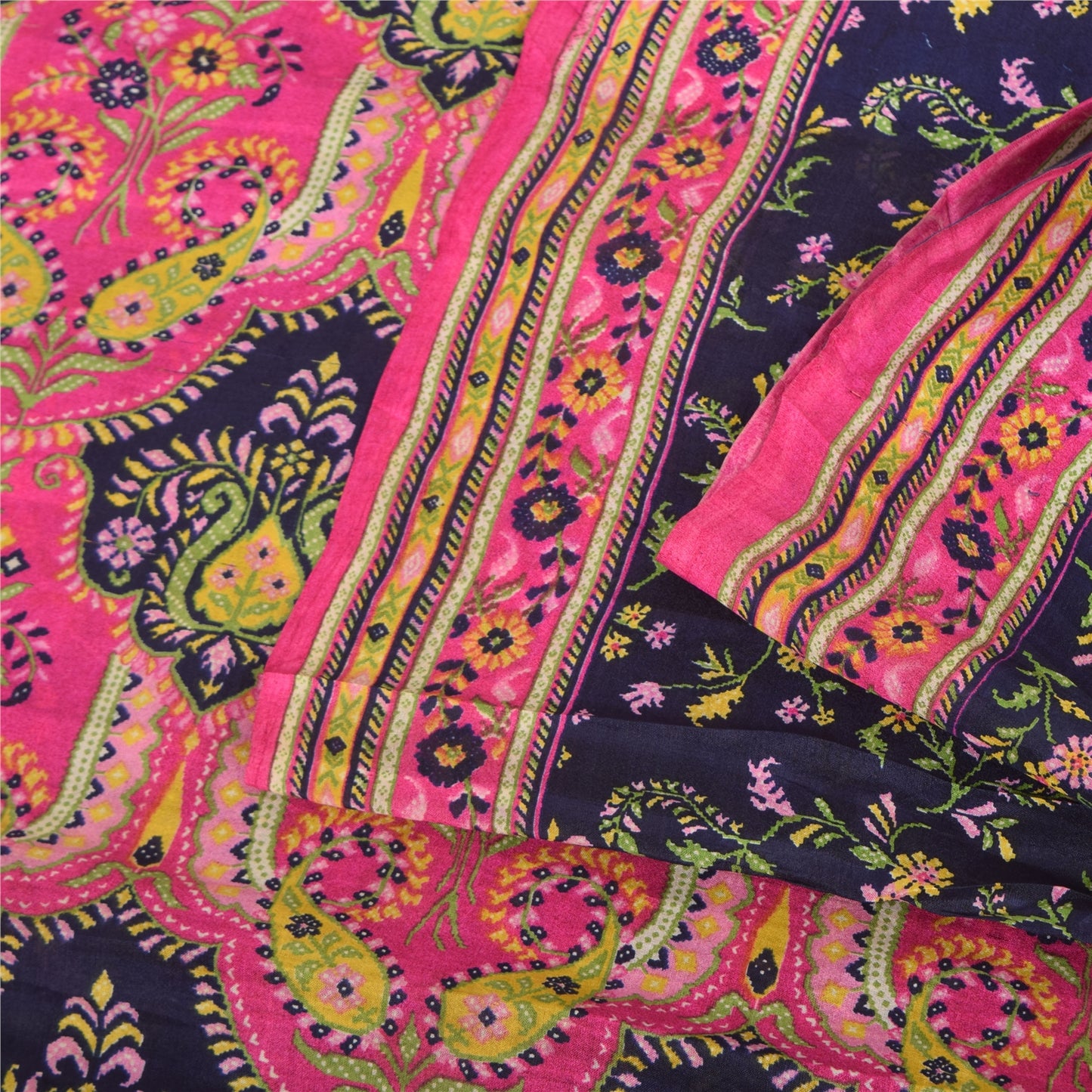 Sanskriti Vintage Sarees Blue/Pink Indian Pure Silk Print Sari 6yd Craft Fabric