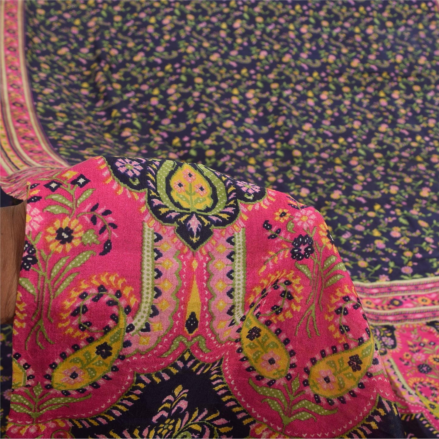 Sanskriti Vintage Sarees Blue/Pink Indian Pure Silk Print Sari 6yd Craft Fabric