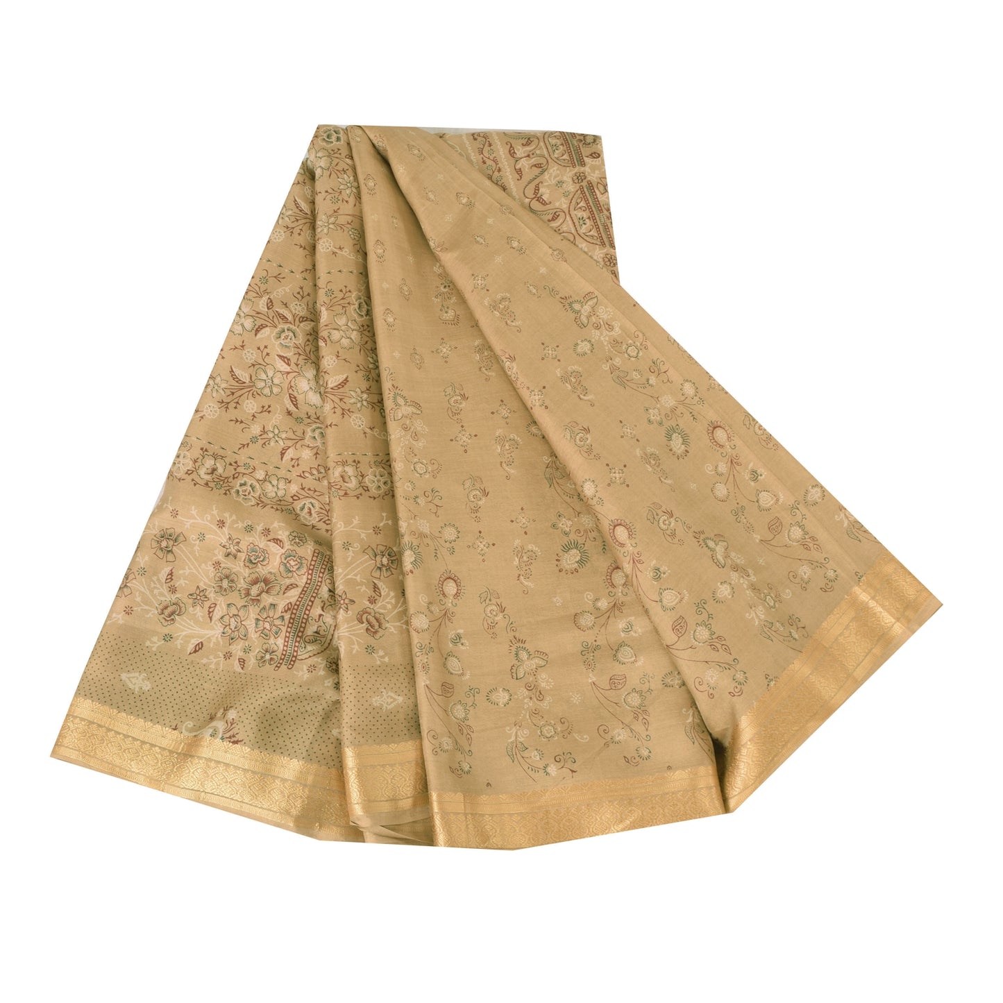 Sanskriti Vintage Sarees Beige 100% Pure Silk Printed Sari 5yd Craft Fabric