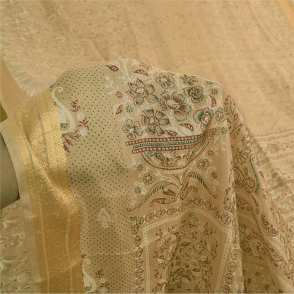 Sanskriti Vintage Sarees Beige 100% Pure Silk Printed Sari 5yd Craft Fabric