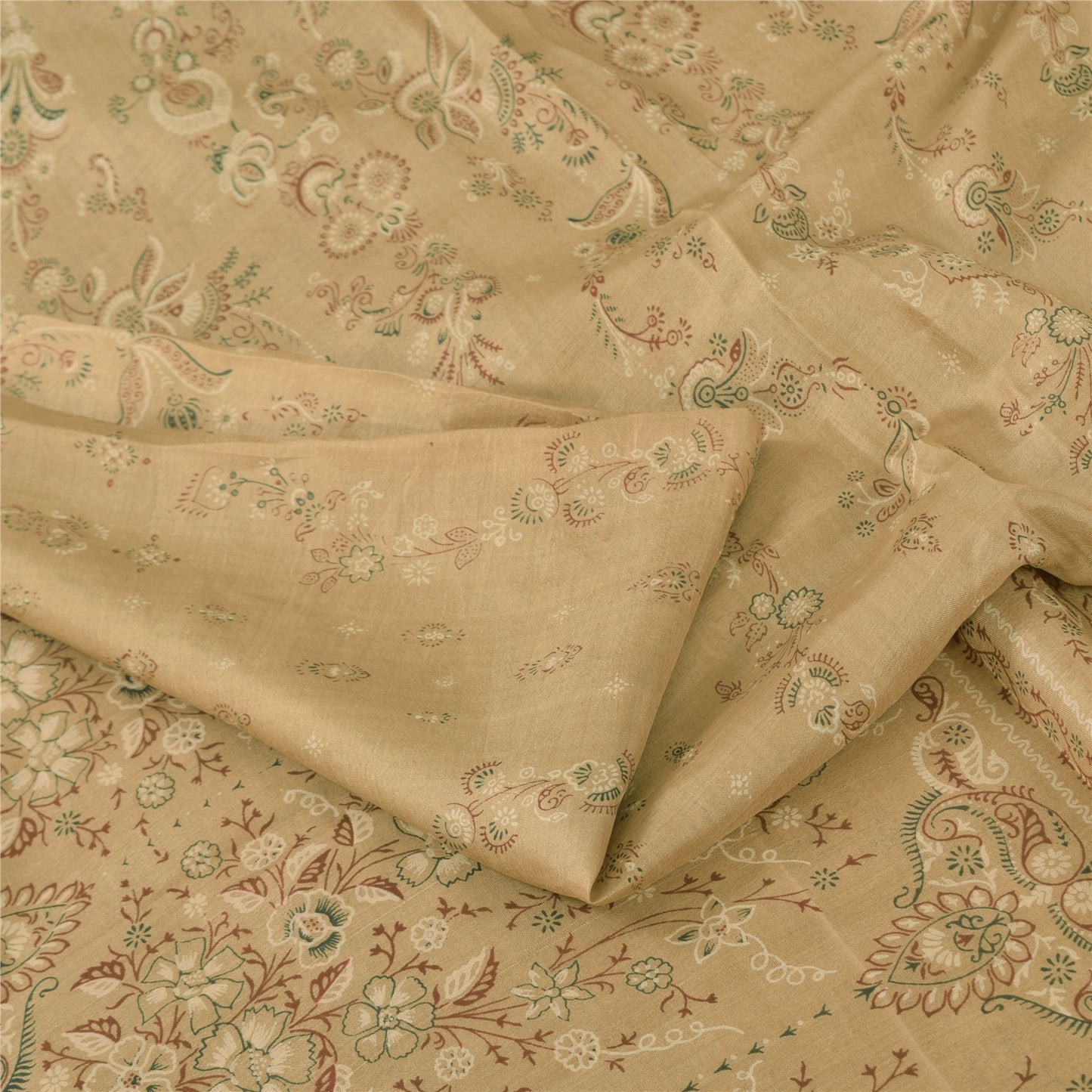 Sanskriti Vintage Sarees Beige 100% Pure Silk Printed Sari 5yd Craft Fabric