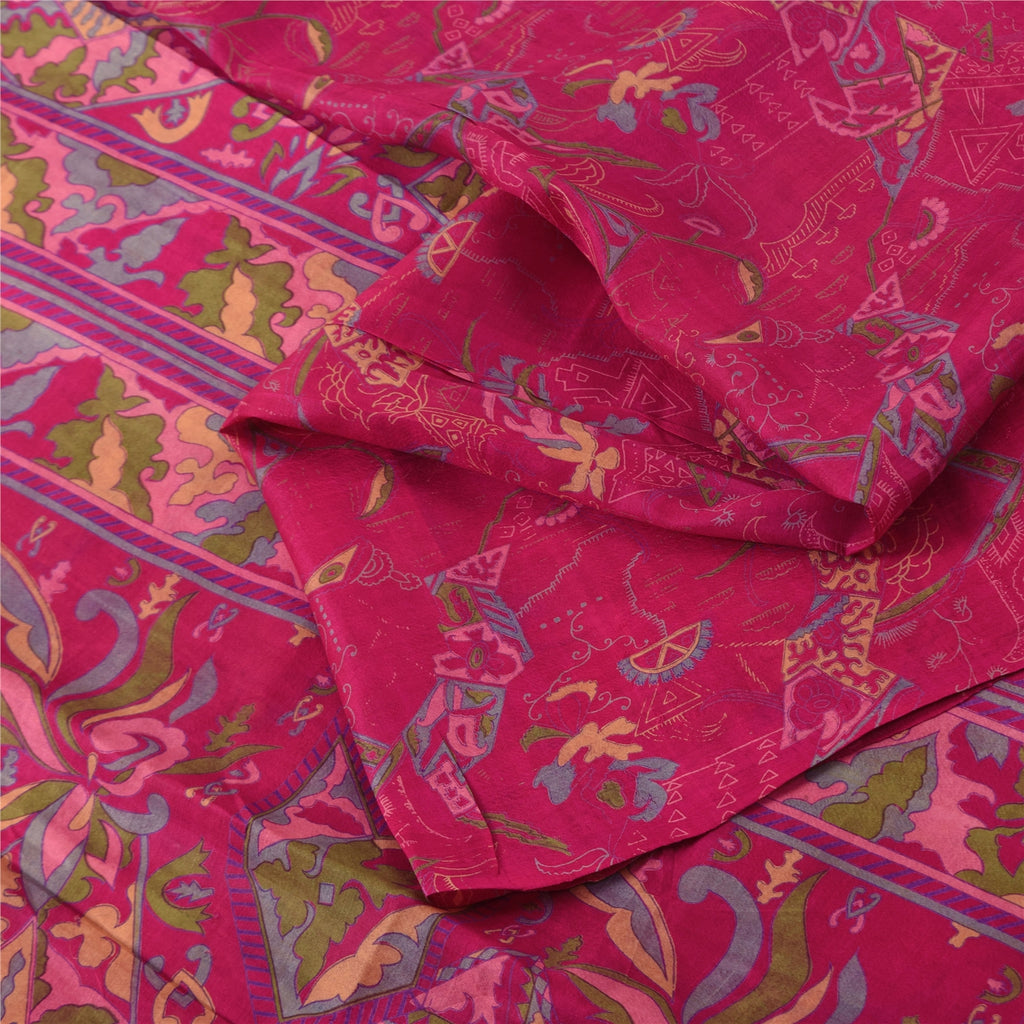 Sanskriti Vintage Sarees Hot Pink Indian Pure Silk Printed Sari 5yd Craft Fabric