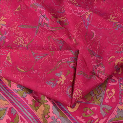 Sanskriti Vintage Sarees Hot Pink Indian Pure Silk Printed Sari 5yd Craft Fabric