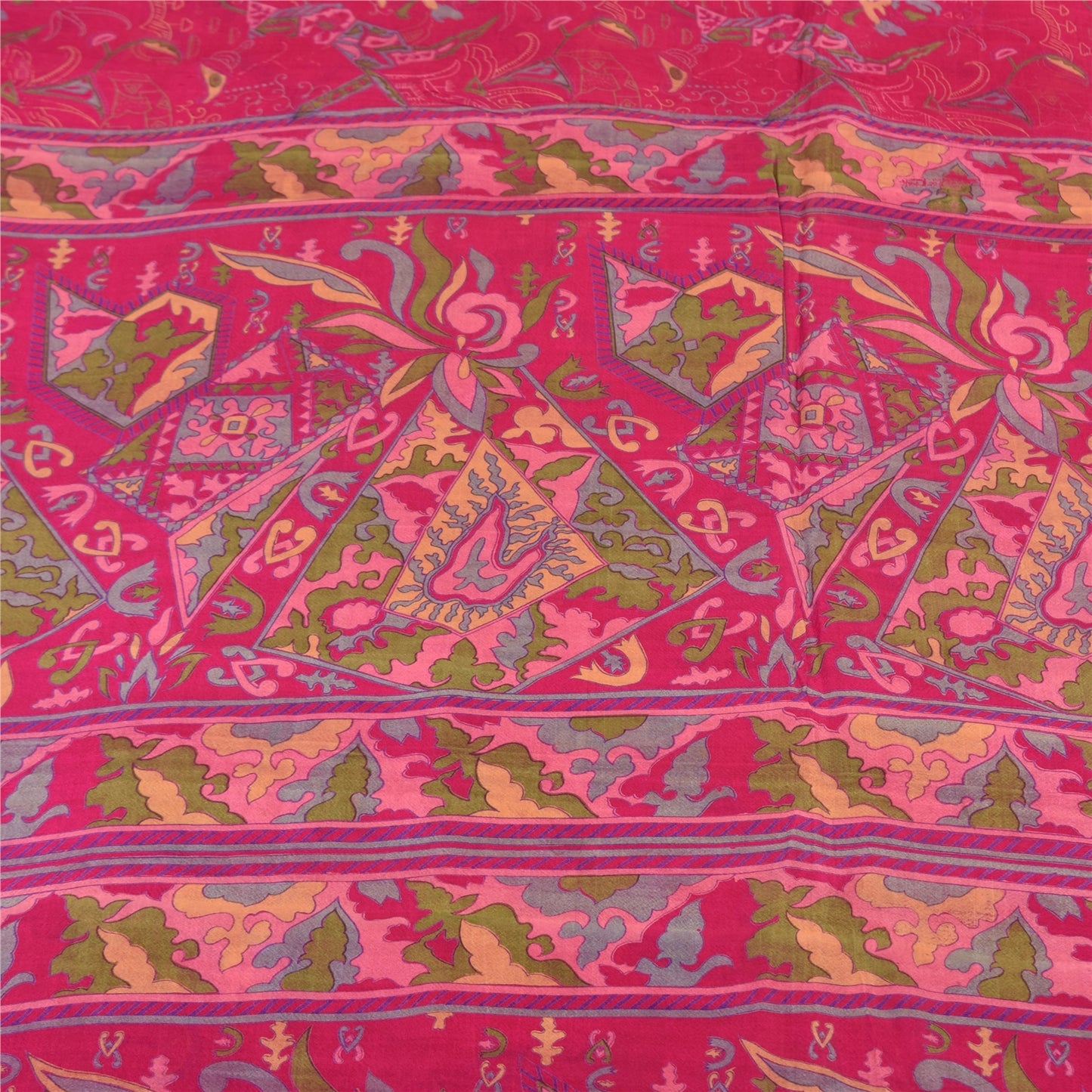 Sanskriti Vintage Sarees Hot Pink Indian Pure Silk Printed Sari 5yd Craft Fabric