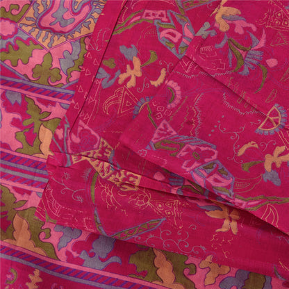 Sanskriti Vintage Sarees Hot Pink Indian Pure Silk Printed Sari 5yd Craft Fabric