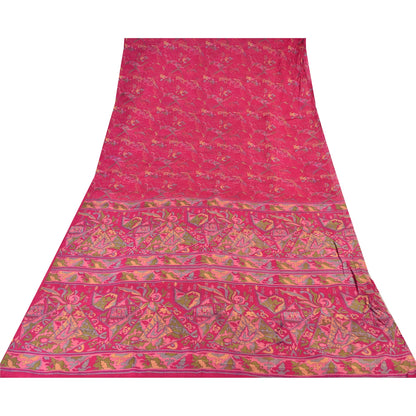 Sanskriti Vintage Sarees Hot Pink Indian Pure Silk Printed Sari 5yd Craft Fabric