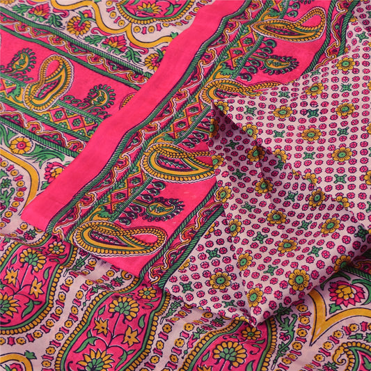 Sanskriti Vintage Sarees From India Pink Pure Silk Printed Sari 6yd Craft Fabric