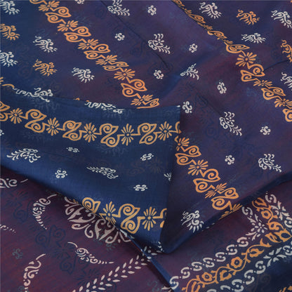 Sanskriti Vintage Sarees Orange/Blue Pure Silk Printed Sari 5yd Craft Fabric