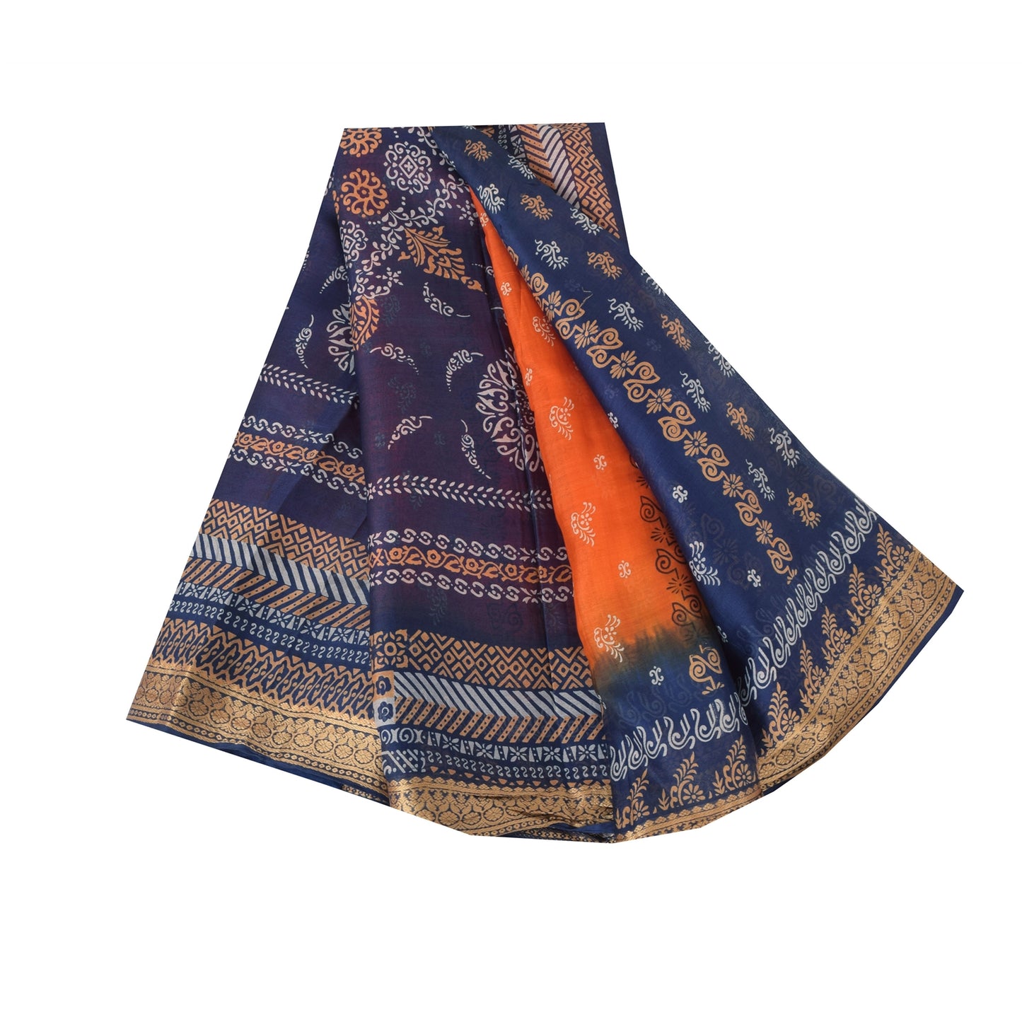 Sanskriti Vintage Sarees Orange/Blue Pure Silk Printed Sari 5yd Craft Fabric