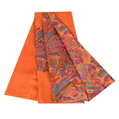 Sanskriti Vintage Sarees Orange 100% Pure Silk Printed Sari 5yd Craft Fabric