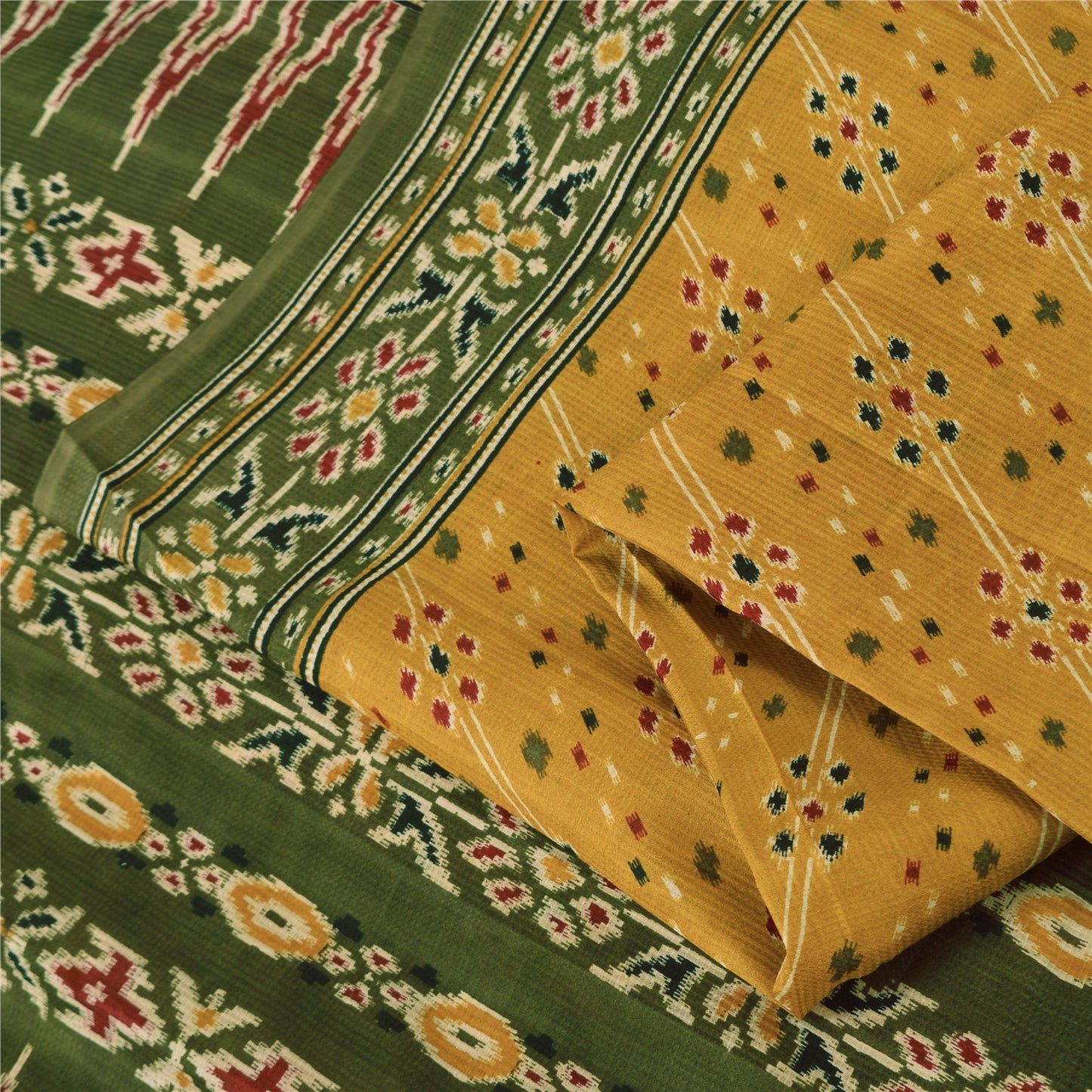 Sanskriti Vintage Sarees Yellow/Green Pure Silk Ikat Print Sari 5yd Craft Fabric