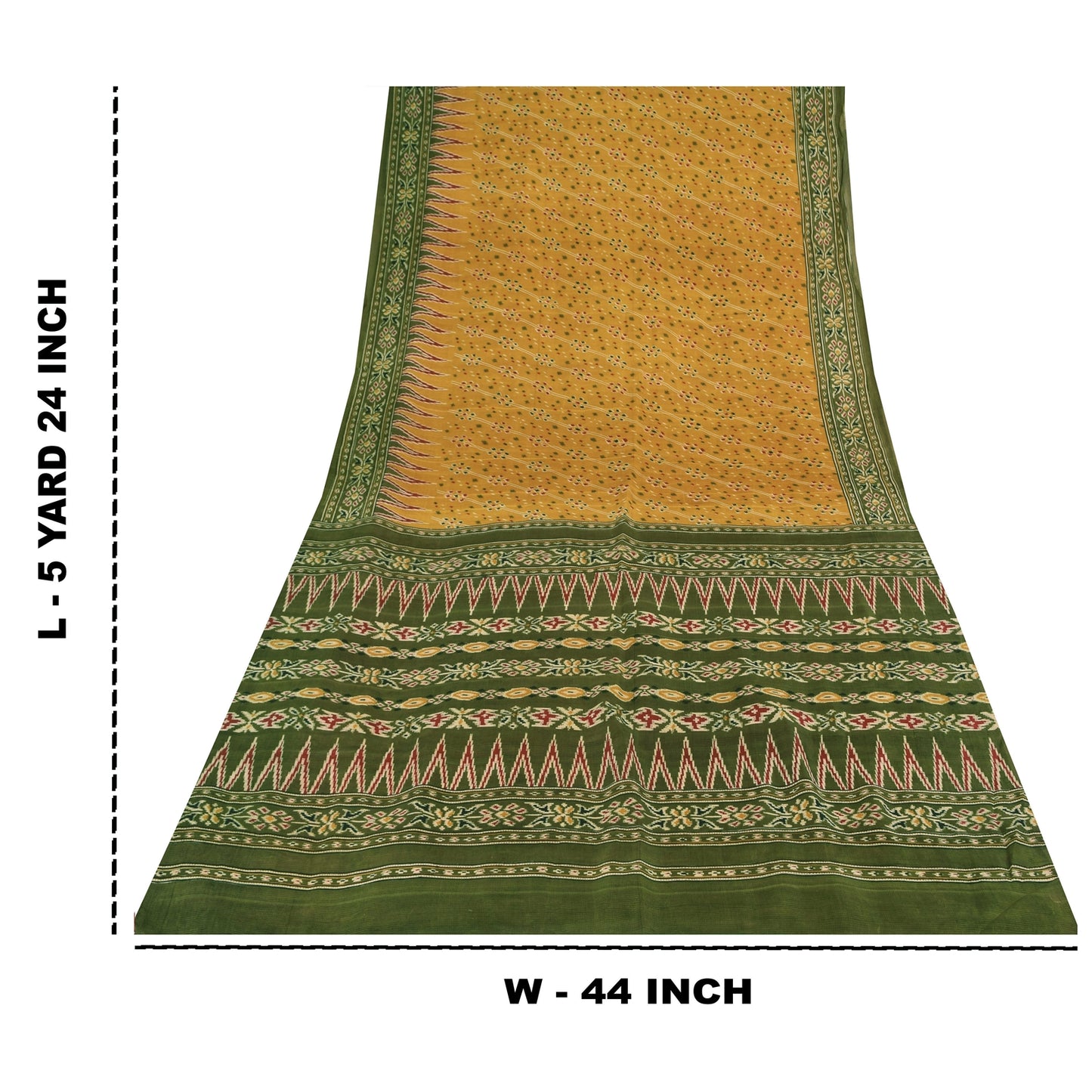 Sanskriti Vintage Sarees Yellow/Green Pure Silk Ikat Print Sari 5yd Craft Fabric