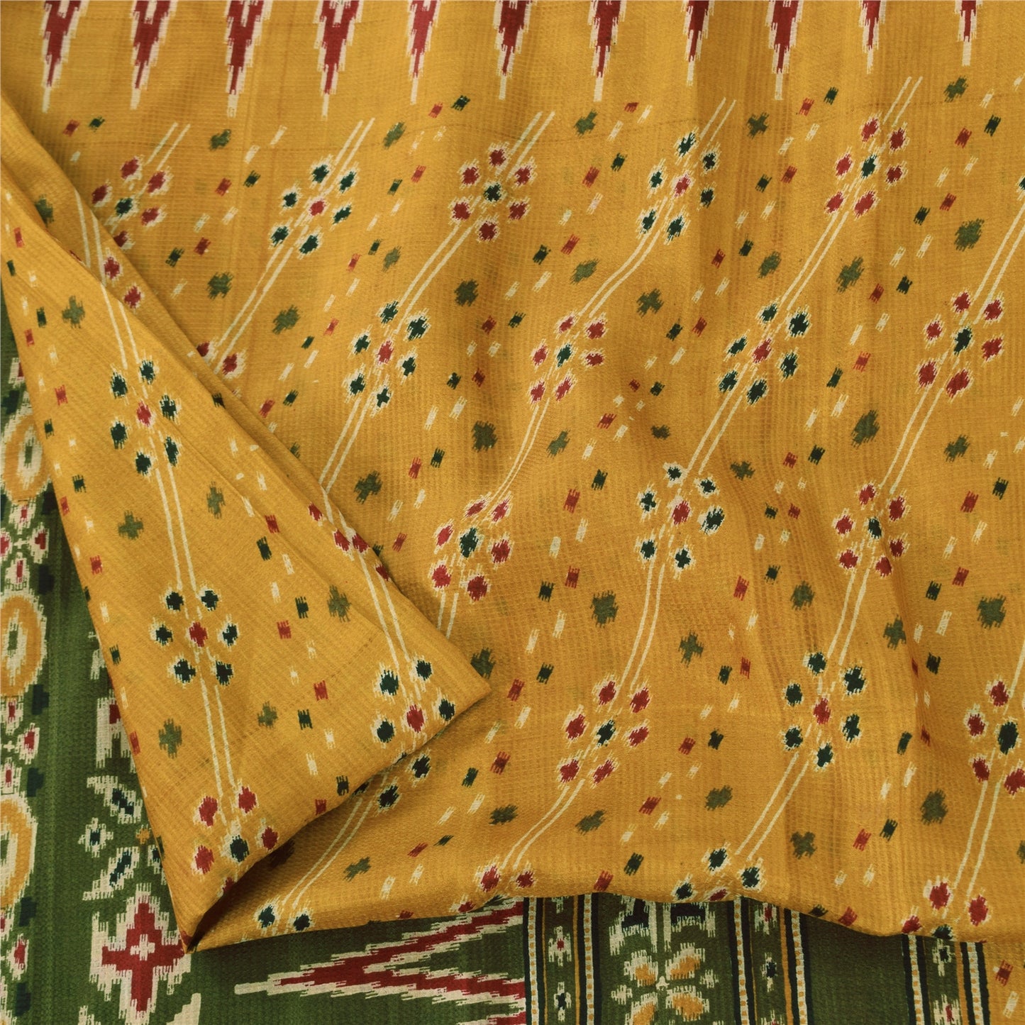 Sanskriti Vintage Sarees Yellow/Green Pure Silk Ikat Print Sari 5yd Craft Fabric