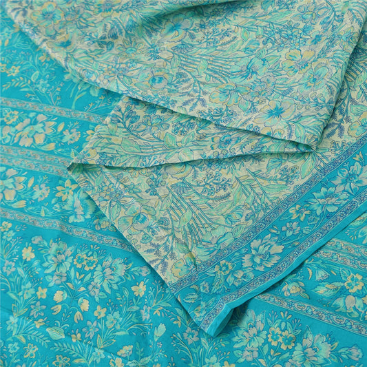 Sanskriti Vintage Sarees Blue/Sea-Green Pure Silk Printed Sari 6yd Craft Fabric