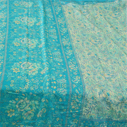 Sanskriti Vintage Sarees Blue/Sea-Green Pure Silk Printed Sari 6yd Craft Fabric