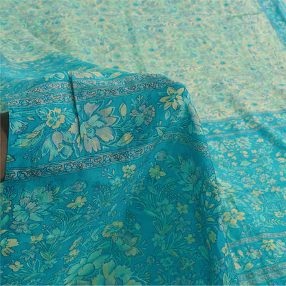 Sanskriti Vintage Sarees Blue/Sea-Green Pure Silk Printed Sari 6yd Craft Fabric