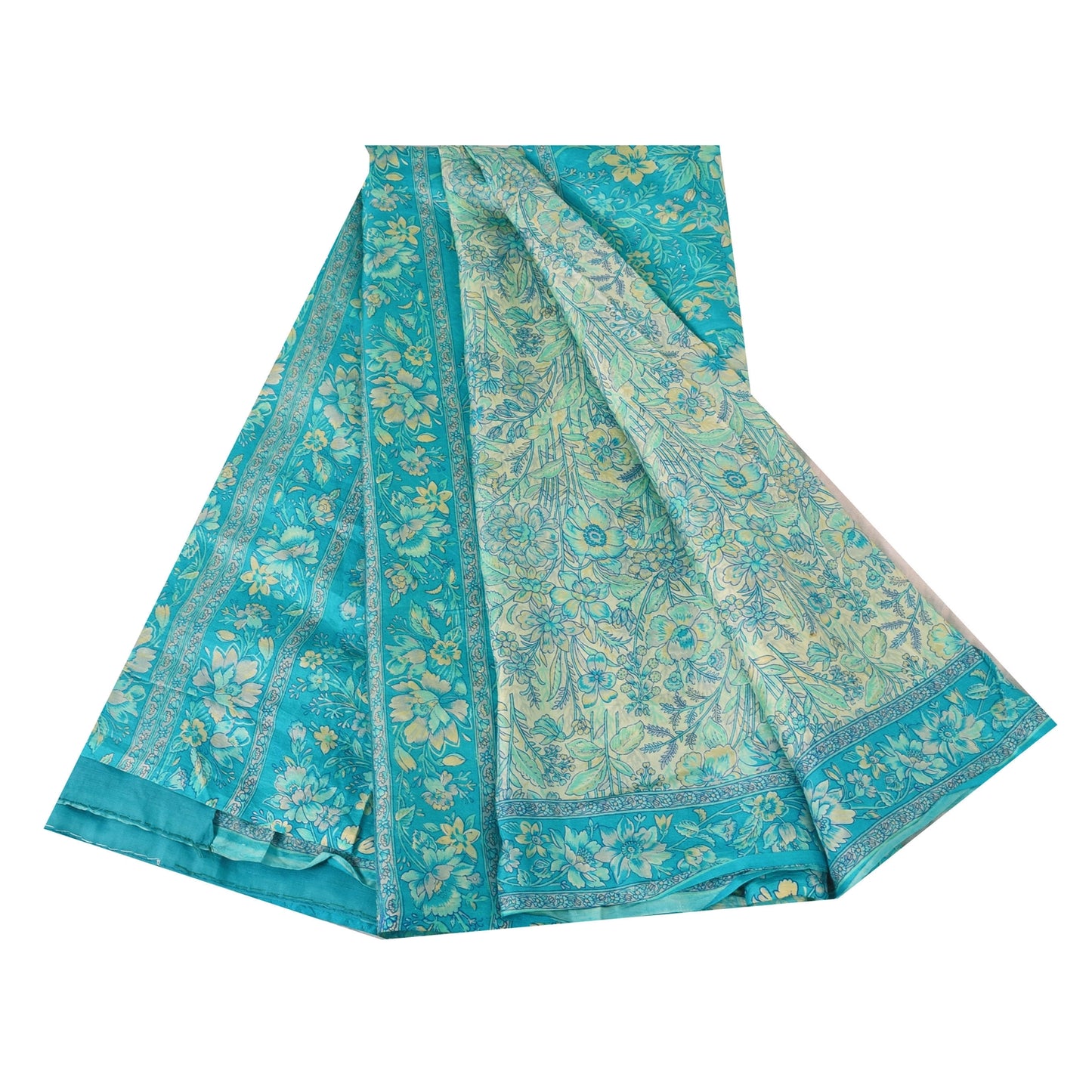 Sanskriti Vintage Sarees Blue/Sea-Green Pure Silk Printed Sari 6yd Craft Fabric